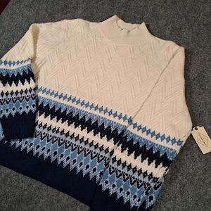 NWT St Johns Bay 2XL Sweater Pullover Knit Fair Isle White Blue Mock Neck Nordic